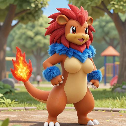 Digital 3D rendering of a cute, anthropomorphic, red-orange female Pokémon-like creature with a blue fur collar, red spiky mane, flame