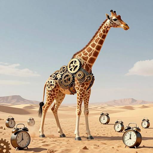 Photorealistic CGI of a giraffe with clockwork gears on its side standing in a sunlit desert, surrounded by vintage alarm clocks.