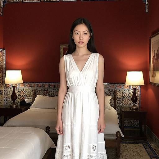 Photograph of an Asian woman with long black hair, wearing a white, sleeveless, V-neck dress, standing in a red-walled hotel room