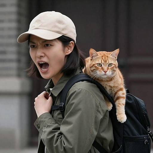 Woman Shouting with Orange Tabby Cat on Backpack