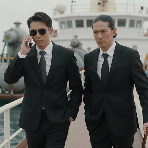 Two Men in Suits on Ship Deck