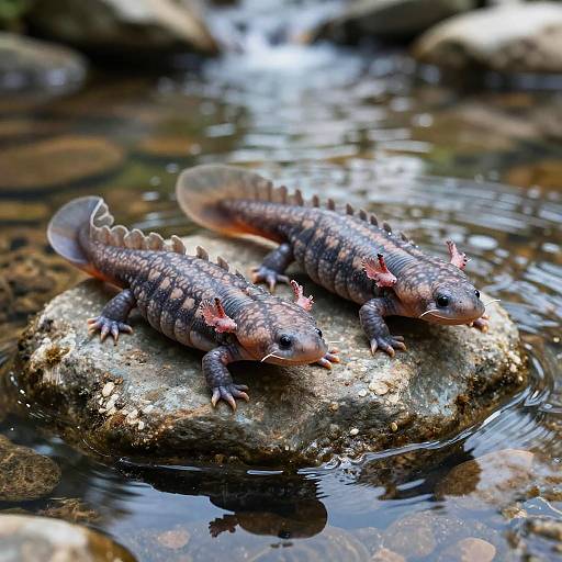Photograph of two dark-spotted, reddish-brown newts with fin-like tails and small pink gills, resting on a mossy rock