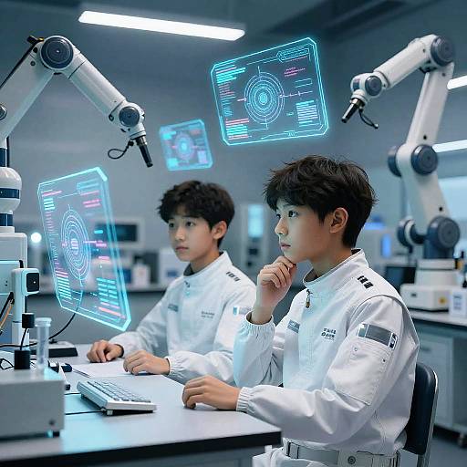 Two Asian boys in white lab coats work at futuristic computer stations with neon blue holographic screens in a high-tech lab.
