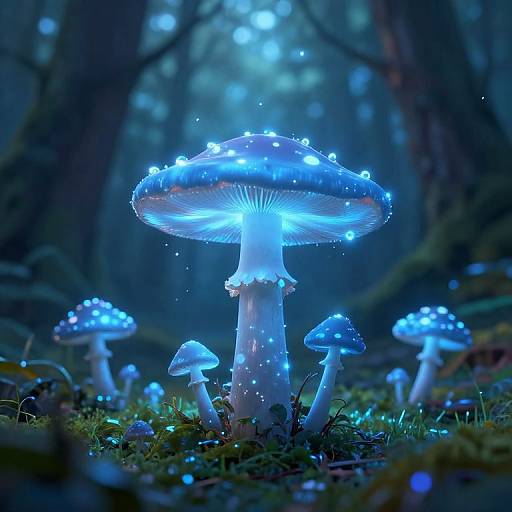 Photograph of glowing blue mushrooms in a dark forest, surrounded by ethereal light. Larger central mushroom with smaller ones scattered around, illuminated by biolum