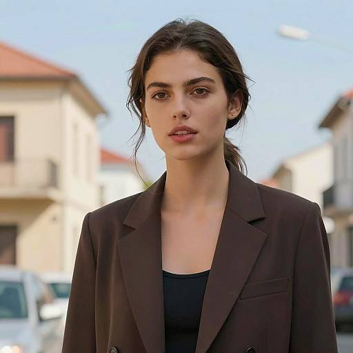 Young Woman in Brown Blazer on Sunlit Street