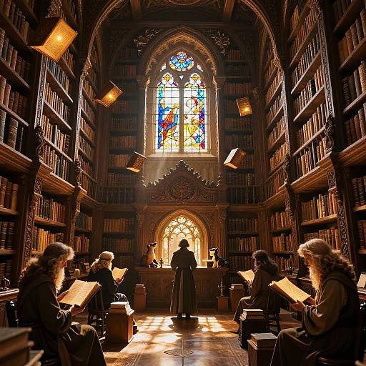 Mystical Ancient Library with Floating Books