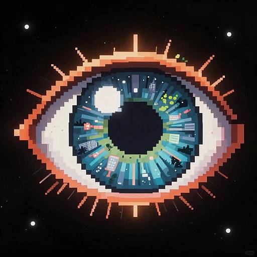 Pixel art of a vibrant blue eye with cityscape details, glowing white highlights, and orange iris, set against a starry black background.