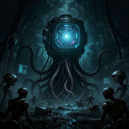 Digital sci-fi artwork: A glowing, tentacled, cube-shaped robot with blue light center, surrounded by shadowy, helmeted humanoid figures in