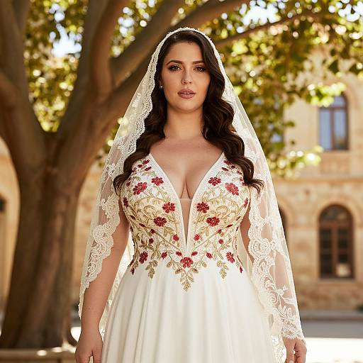 Photograph of a beautiful, curvy woman with long dark hair, wearing a white lace bridal gown with red floral embroidery and a veil, standing outdoors