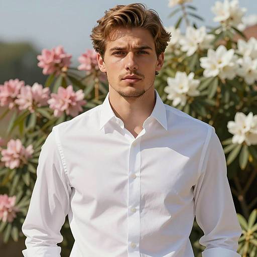 Young Man in White Shirt with Floral Background
