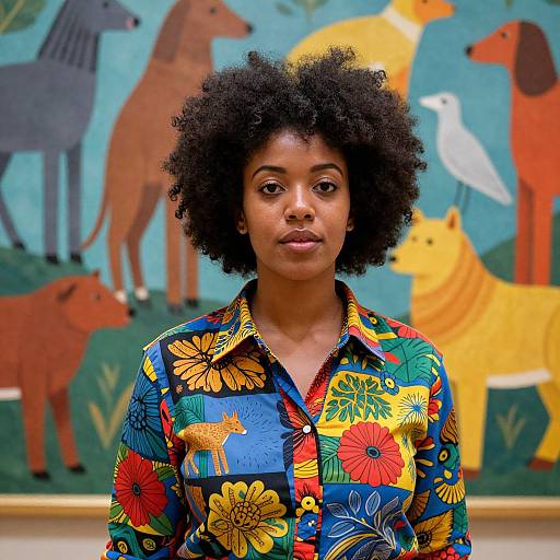 Photograph of a Black woman with natural afro, wearing a vibrant, floral-patterned shirt, standing in front of a colorful, stylized animal