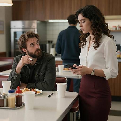 Photograph of a bearded man with curly hair eating at a diner table, looking up at a curly-haired woman in a white blouse and maroon