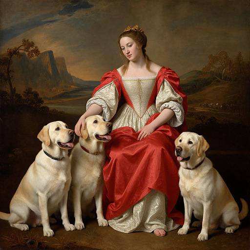 Baroque-style painting of a fair-skinned woman in a red and gold dress, sitting with three yellow Labrador Retrievers, serene landscape background.
