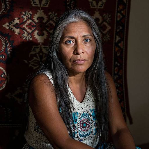 Photograph of an older woman with long black hair, wearing a white patterned tank top, blue eyes, and serious expression, against a dark,