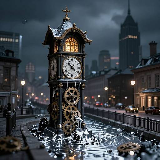 Photograph of a steam-powered, clock tower with gears partially submerged in a reflective, rain-soaked street at night, with a dark, cloudy sky