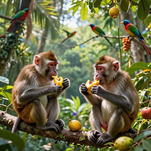 Photograph: Two monkeys eating bananas on a tree branch, surrounded by colorful parrots, lush green foliage, and ripe fruits in a vibrant jungle.