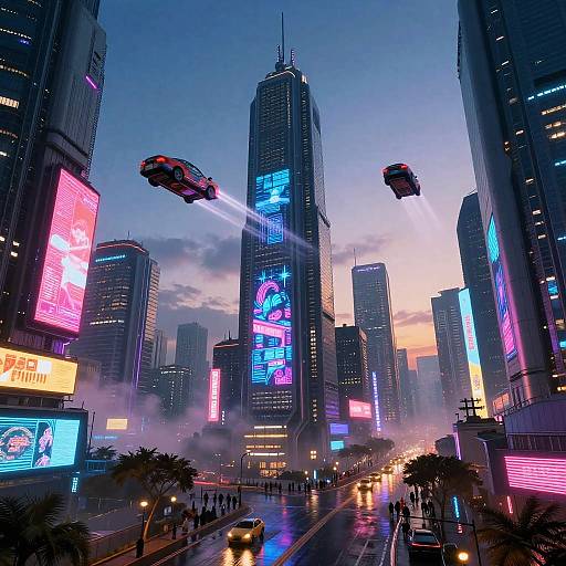 CGI image of a futuristic neon-lit city street at dusk with flying cars, towering skyscrapers, illuminated billboards, and misty fog