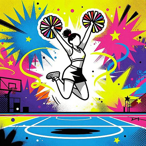 Vibrant pop art illustration of a cheerleader mid-jump, holding pom-poms, set against a colorful, starburst background with a basketball