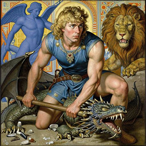 Digital artwork: muscular man with curly blonde hair in blue armor, holding a spiked dragon, with a lion and blue angel behind. Vibrant, detailed