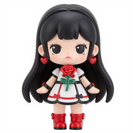Chibi-style drawing of a cute girl with long black hair, wearing a white dress with red accents, red boots, heart earrings, and a red