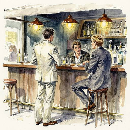 Watercolor-style drawing of two men in suits at a bar, one standing, the other seated on a stool, under warm lamps.