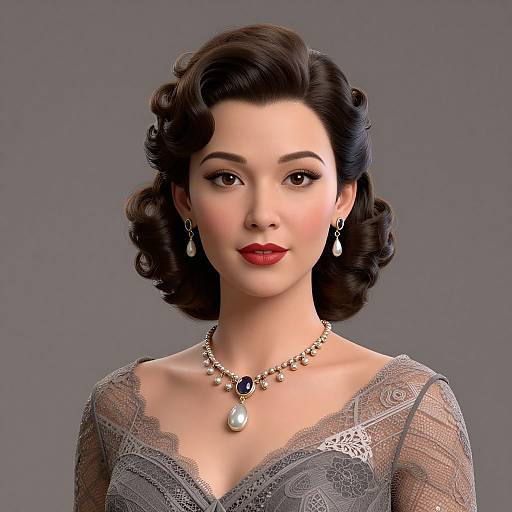 Digital portrait of a fair-skinned woman with vintage, dark wavy hair, wearing a lace grey dress, red lipstick, pearl earrings, and a