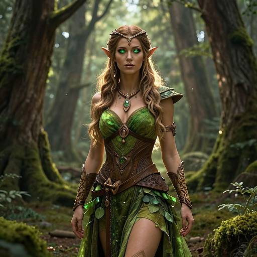 Digital artwork of an elf woman with long blonde hair, glowing green eyes, and pointed ears, wearing a green, leafy fantasy dress in a dense