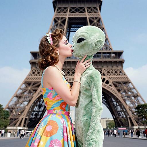 Digital artwork: A 1950s-style woman in a colorful floral dress kisses a green alien statue in front of the Eiffel Tower.