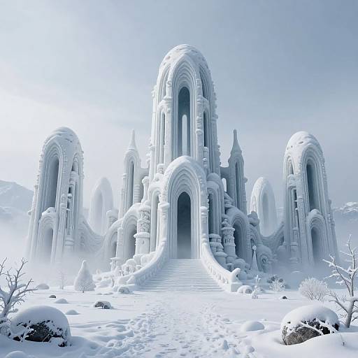 Photorealistic CGI of a snow-covered, grand, arched building with multiple entrances, surrounded by snow-laden rocks and a winding staircase, under