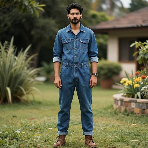 Man in Denim Jumpsuit Garden