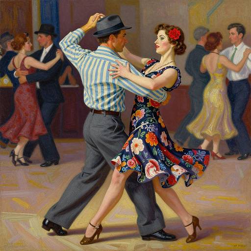 Vintage-style painting of a dancing couple in a floral dress and striped shirt, hat, surrounded by other dancers in a ballroom.