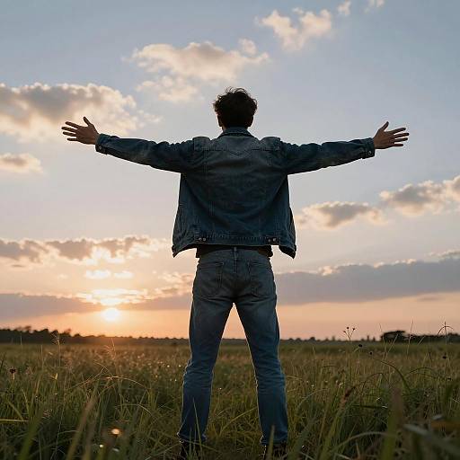 Man Embracing Sunset in Grassy Field