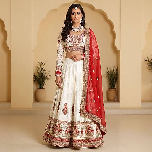 Photograph of an Indian woman in a traditional white and red embroidered lehenga with a red dupatta, standing in a beige arched room with p