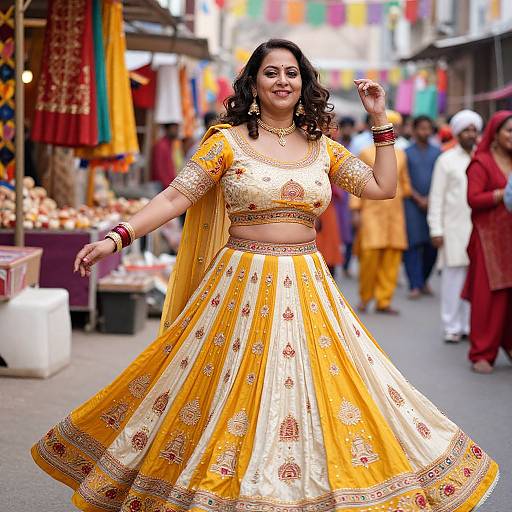 Photograph of a smiling South Asian woman in a yellow, embroidered traditional lehenga-choli, dancing on a busy street market. Bright colors, festive