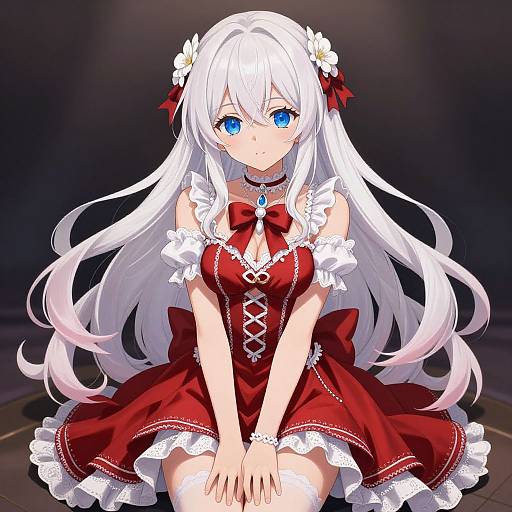 Anime-style digital artwork of a white-haired girl with blue eyes, wearing a red and white frilled dress, sitting on the floor, with a dark