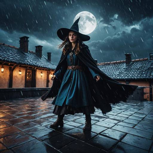 Rebellious Witch on Stormy Rooftop