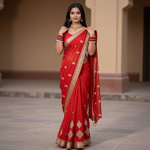 Photograph of a confident Indian woman in a vibrant red saree with gold embroidery, wearing gold jewelry, standing on a stone-paved courtyard.