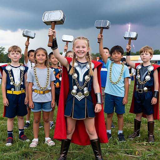 Photograph of smiling children in Viking costumes, holding silver hammers, standing on grass under a cloudy sky, wearing red capes and gold necklaces
