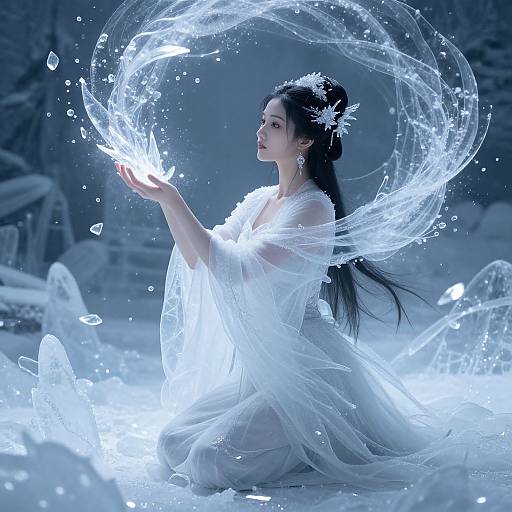 Digital artwork of an ethereal Asian woman with long black hair, wearing a flowing white dress, conjuring glowing water circles in a snowy landscape at night