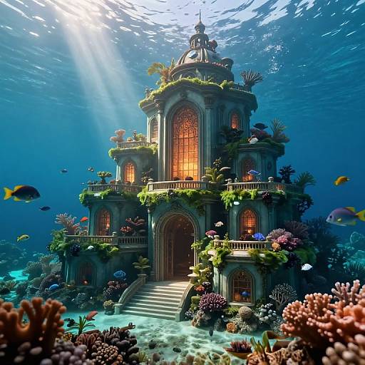 Photorealistic digital artwork of an underwater, illuminated, three-story Victorian mansion surrounded by colorful coral reefs and vibrant fish, bathed in sunlight.
