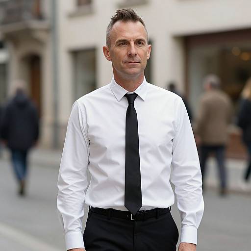 Photograph of a middle-aged man with short, dark hair, wearing a white dress shirt, black tie, and black pants, standing on a city