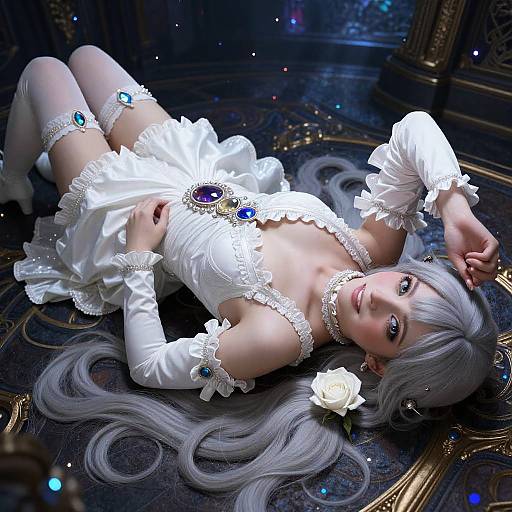 Digital art of a pale-skinned, silver-haired anime girl in a white, lace-trimmed dress with gems, lying on a dark, orn