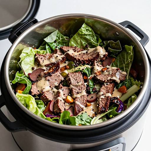Photograph of a stainless steel pot filled with cooked sliced beef, mixed greens, cabbage, carrots, and purple onions. Bright lighting highlights vibrant colors and