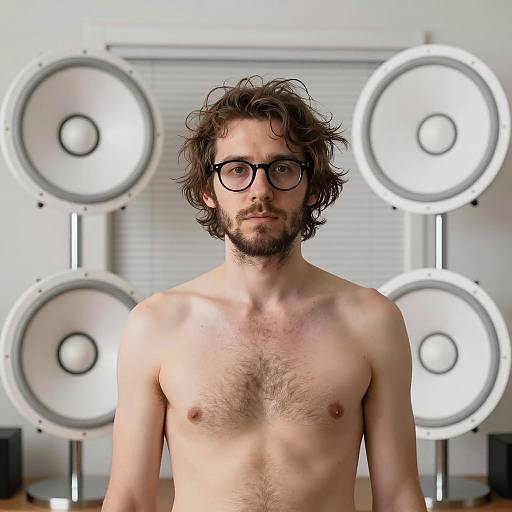 Shirtless Man with Glasses and Speakers