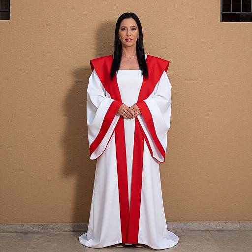 Photograph of a woman with long black hair, wearing a white and red clerical robe, standing against a beige wall.