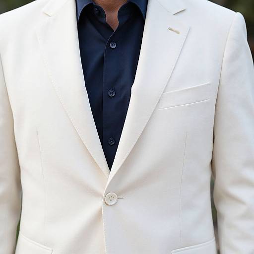 Photograph of a man's chest and waist, wearing a crisp white suit jacket over a black button-up shirt, with a single white button fastened