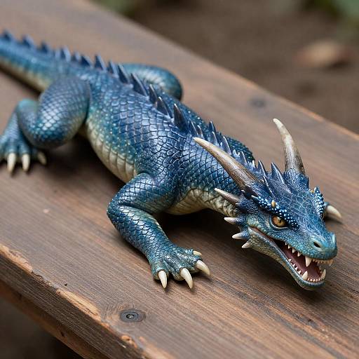 Realistic Blue Dragon Creature on Wood