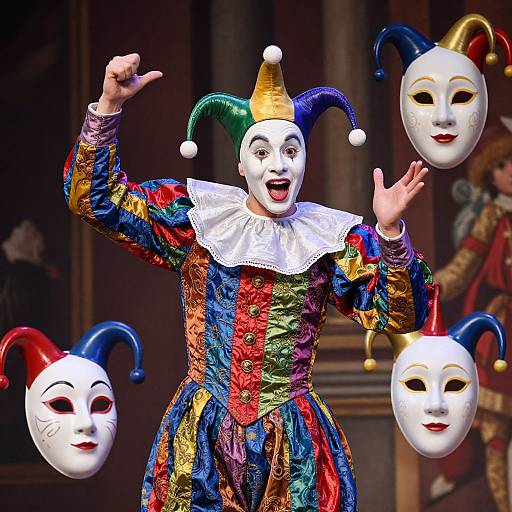 Vibrant jester in colorful, ornate costume with white ruffled collar, gold-trimmed hat, and white masks floating around, performing