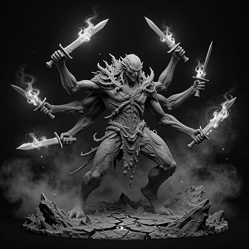 Digital artwork of a six-armed, demonic warrior with glowing swords, standing on jagged rock, surrounded by dark smoke and fire. Monochromatic