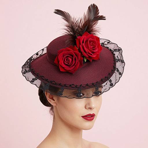 Photograph of a pale-skinned woman with red lipstick, wearing a dark maroon hat adorned with red roses, black lace, and a black feather